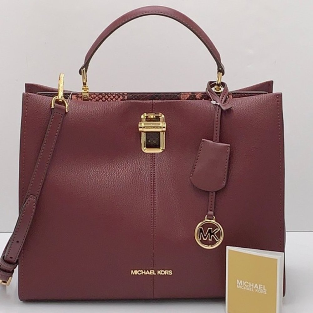 Michael Kors Penelope Large Top Handle Satchel Merlot Multi Color Leather - Picture 8 of 16